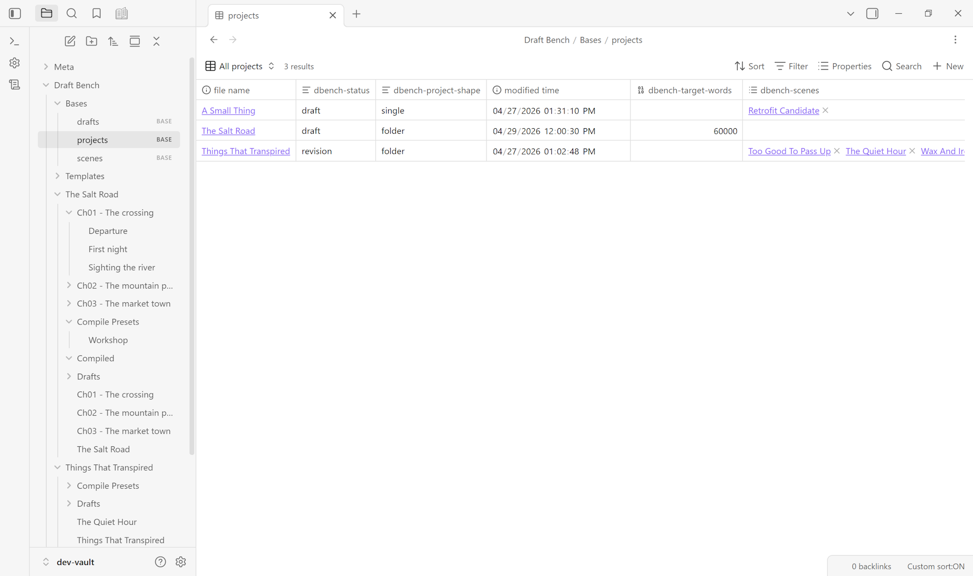 Starter Bases view for Draft Bench projects, showing a table of project notes with title, status, and word-count columns