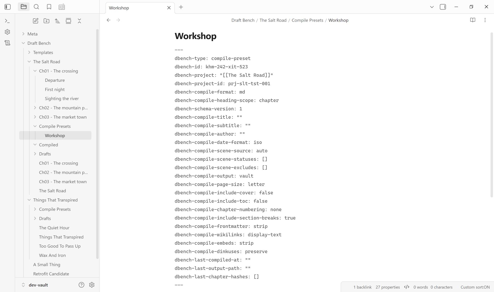 Compile preset note's Properties panel showing dbench-compile rules for frontmatter, heading scope, footnote renumbering, embed handling, and dinkus normalization
