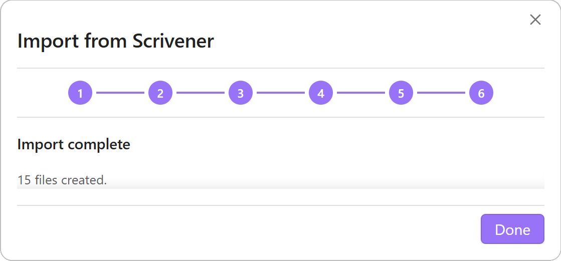 Step 7 of the Scrivener import wizard: the Complete step, reporting a successful import with file counts
