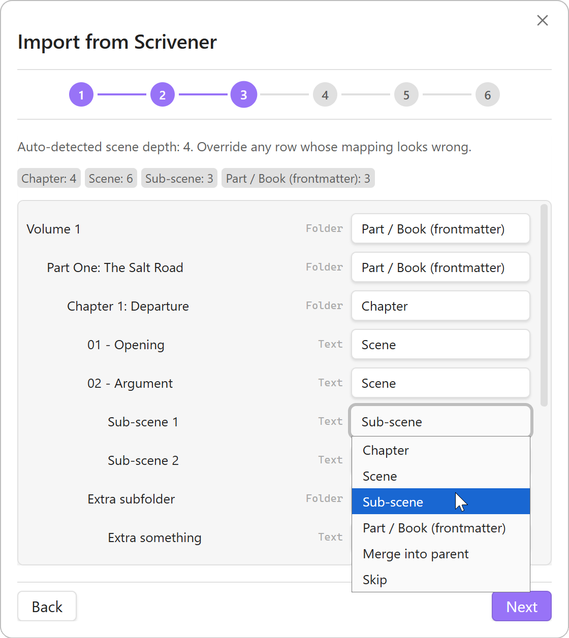 Step 3 of the Scrivener import wizard: the Hierarchy Mapping step, showing auto-detected scene and chapter rows with per-row override dropdowns