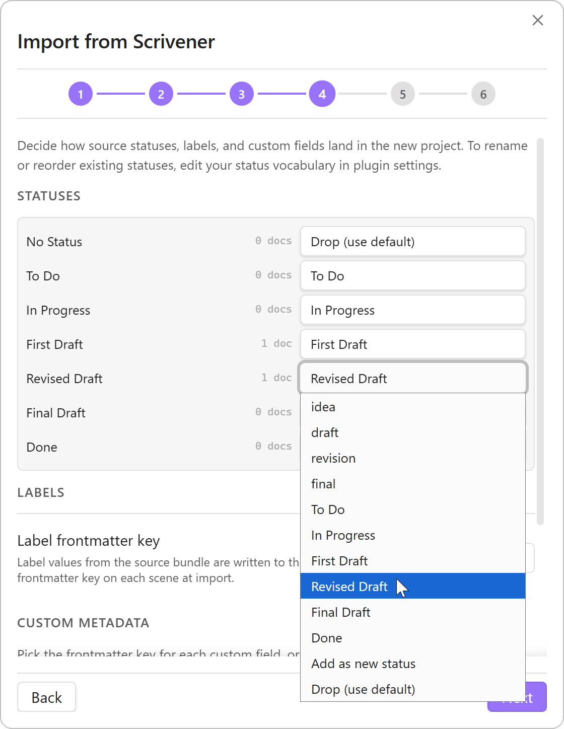 Step 4 of the Scrivener import wizard: the Metadata step, routing Scrivener statuses, labels, and custom-metadata fields into Draft Bench's vocabulary