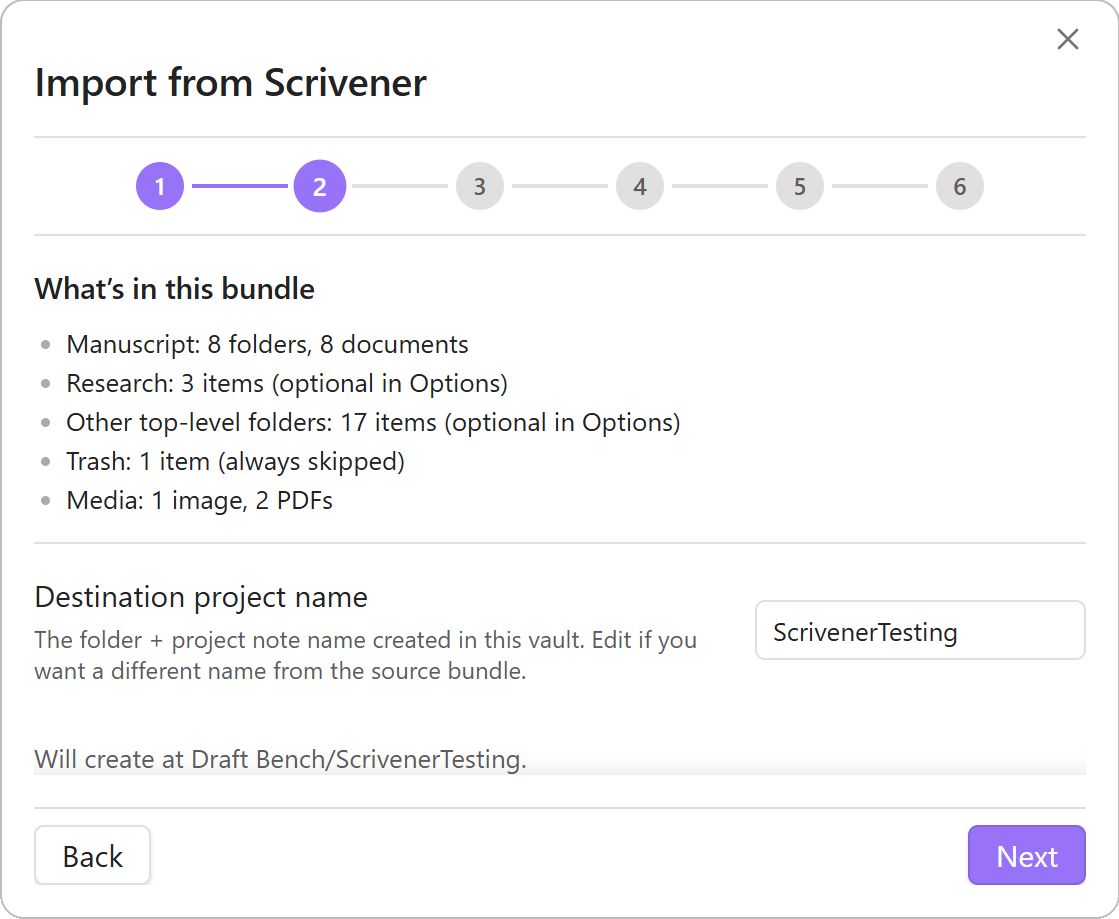 Step 2 of the Scrivener import wizard: the Parse step, with a counts summary of binder items, RTF documents, snapshots, and custom metadata fields