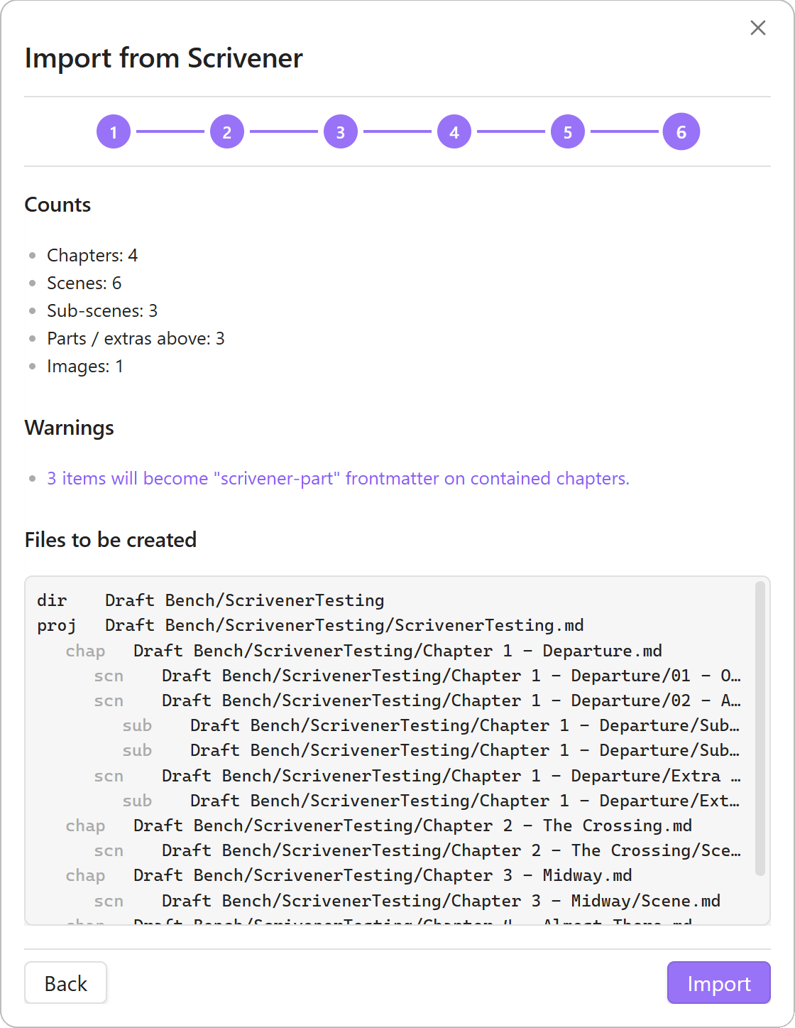 Step 6 of the Scrivener import wizard: the Preview step, showing the file tree of files about to be written