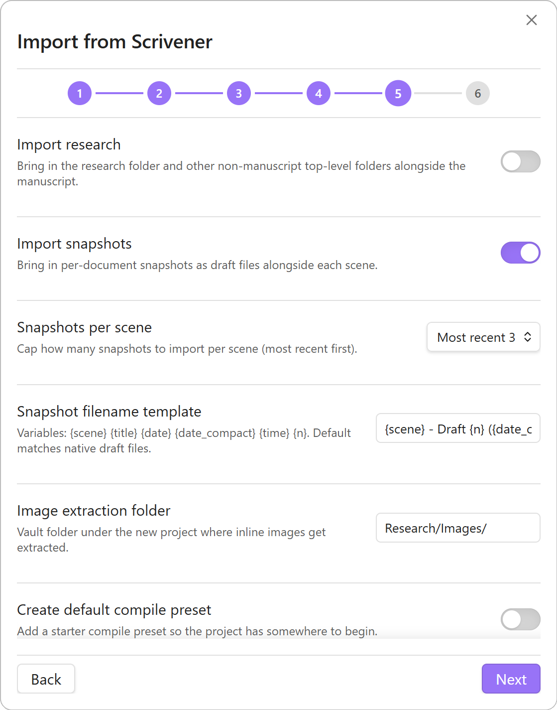 Step 5 of the Scrivener import wizard: the Options step, with the optional snapshot import controls — per-scene cap and filename template