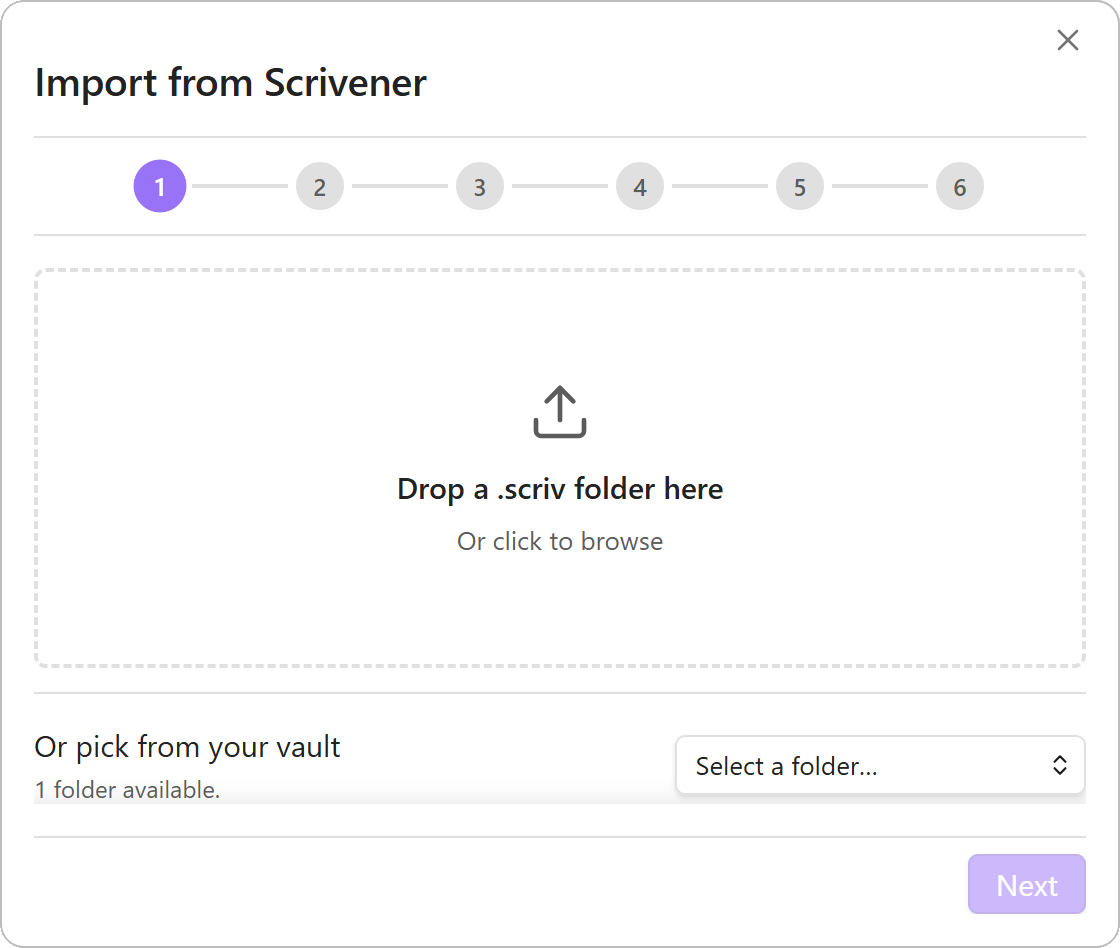 Step 1 of the Scrivener import wizard: the Source step, where a .scriv bundle is selected from inside the vault