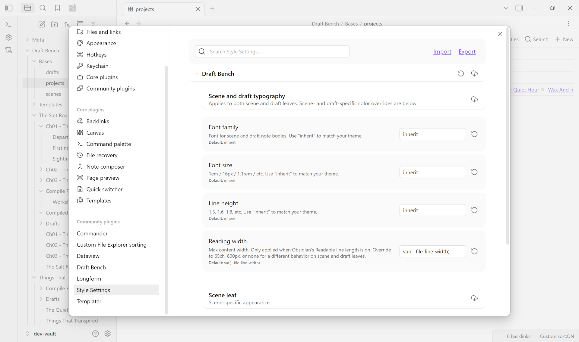 Obsidian Style Settings panel showing exposed Draft Bench variables for spacing, typography, and color overrides